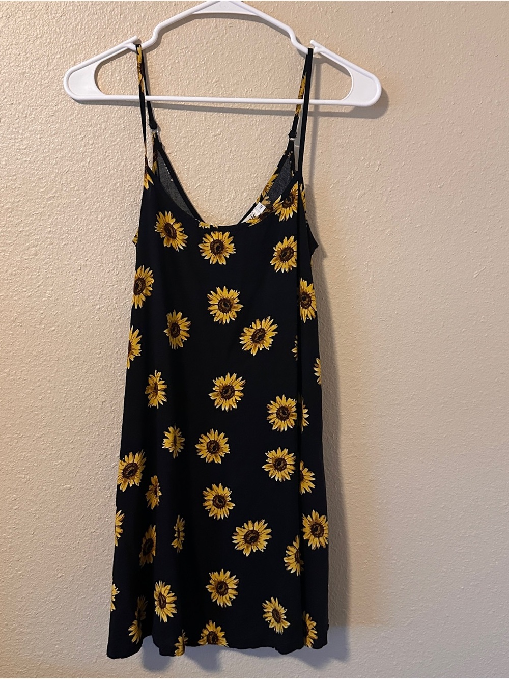Black Sunflower Print Mini Dress with Spaghetti Straps